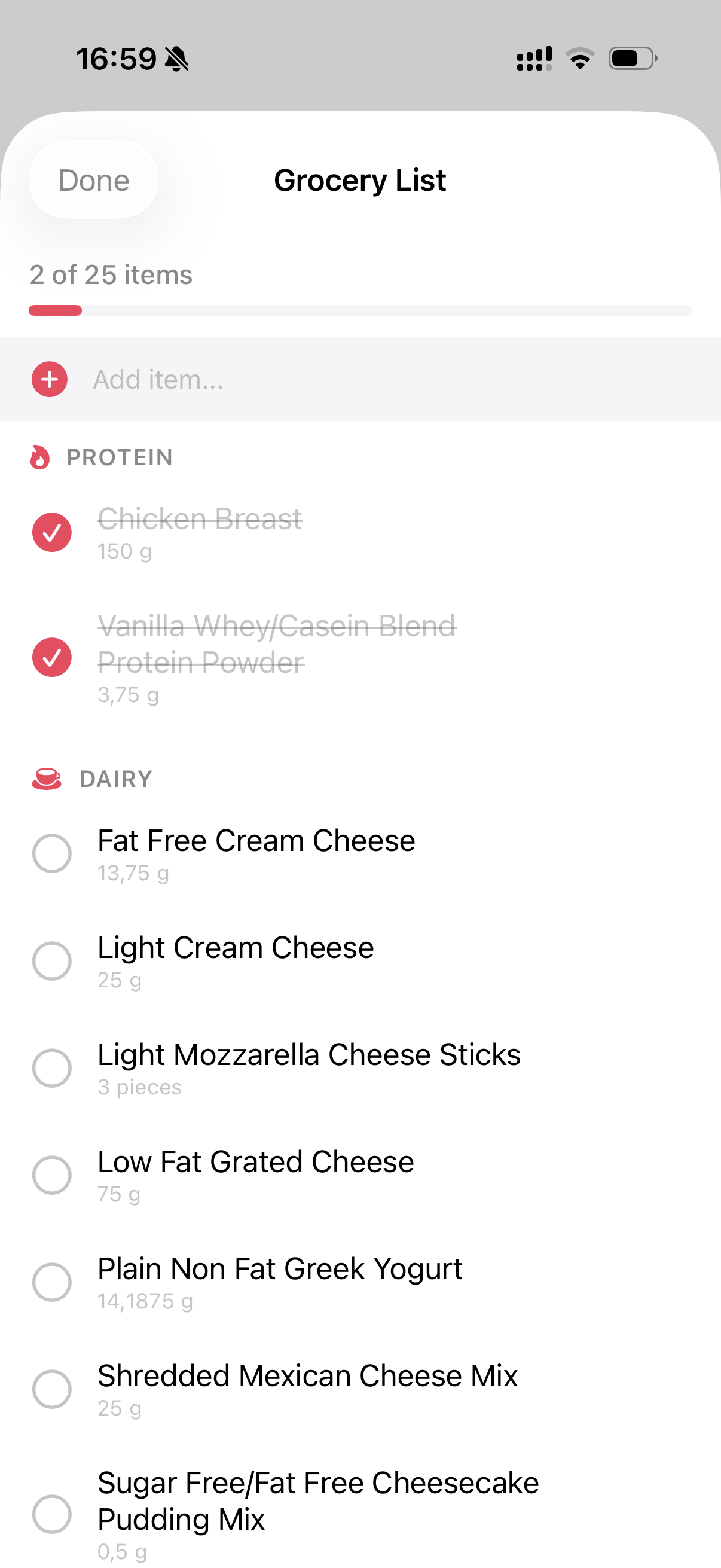 ProPrep organized grocery list