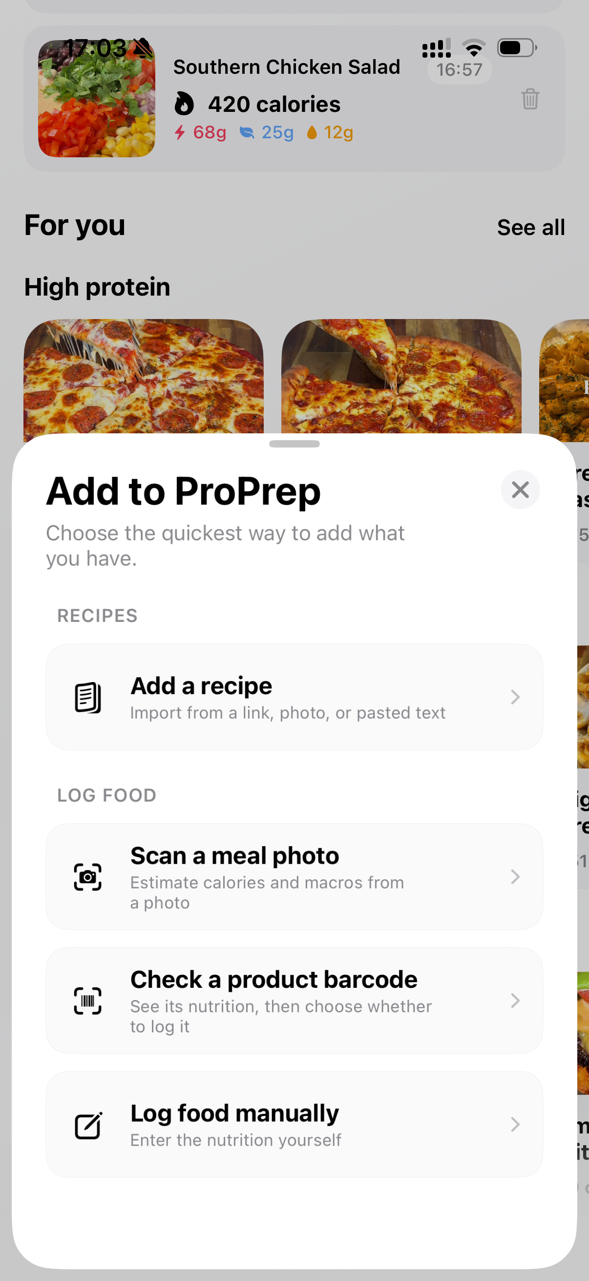 ProPrep quick-add menu for recipes and food logging